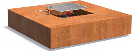 vuurtafel QUAD met grill cortenstaal 120 x 120 x 28 cm