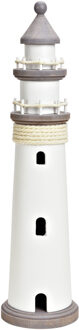 Vuurtoren beeldje - Hout - 12 x 48 cm - wit/grijs - Maritieme decoraties binnen Multi