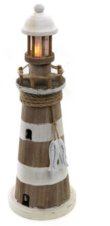 Vuurtoren beeldje met LED licht - Hout - 12 x 35 cm - wit/bruin - Maritieme decoraties binnen