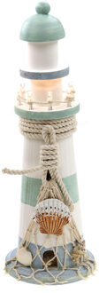 Vuurtoren beeldje met LED licht - Hout - 30 cm - wit/mintgroen - Maritieme woon decoraties