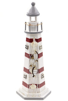 Vuurtoren beeldje met LED licht - Hout - 9 x 22 cm - wit/rood - Maritieme decoraties binnen - Beeldjes Multikleur