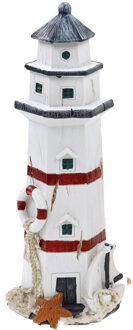 Vuurtoren beeldje - Polystone - 10 x 23 cm - wit/rood - Maritieme decoraties binnen/buiten - Beeldjes