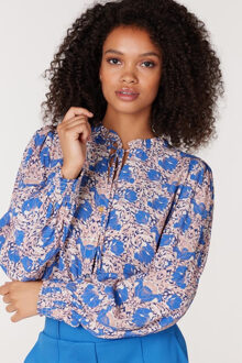 Waf741 blouse print and smockdetail at cuff multi blue Blauw - XS