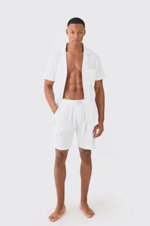 Wafel Gebreid Lounge Overhemd En Shorts Set In Wit, White - XL