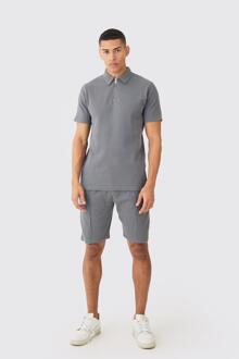 Wafel Gebreide Slim Fit Polo En Shorts Set, Charcoal - L