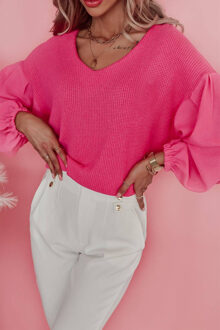 Wafelgebreide Puff Sleeve Top Stoffig Roze