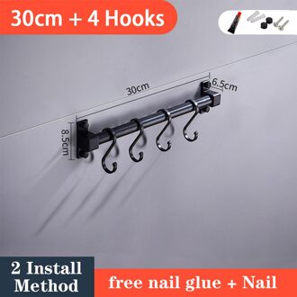 Wall Mounted Space Aluminium Pantry Gereedschaphouder Enkele Bar Opslag Mes Rack Strip Voor Keukengereedschap Tool Diverse Haken 30cm