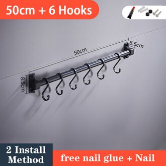 Wall Mounted Space Aluminium Pantry Gereedschaphouder Enkele Bar Opslag Mes Rack Strip Voor Keukengereedschap Tool Diverse Haken 50cm