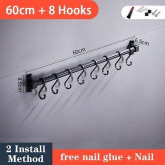 Wall Mounted Space Aluminium Pantry Gereedschaphouder Enkele Bar Opslag Mes Rack Strip Voor Keukengereedschap Tool Diverse Haken 60cm