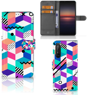 Wallet Book Case Sony Xperia 1 II GSM Hoesje Gepersonaliseerd Cadeau Blocks Colorful