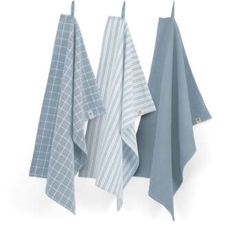 Walra Keuken- en Theedoekenset Dry with Cubes Uni, Stripes & Blocks Jeans Blauw - 50×70 cm