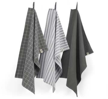 Walra Keuken- en Theedoekenset Dry with Cubes Uni, Stripes & Blocks Off Black - 50×70 cm
