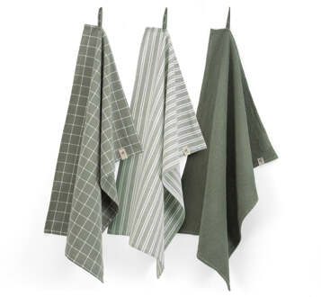 Walra Keukendoeken Set Cubes Uni, Stripes & Blocks Legergroen 50 X 70 Cm - 3 Stuks Wit
