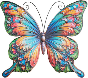 Wanddecoratie vlinder - blauw/roze/groen - 46 x 50 cm - metaal - muurdecoratie/schutting/tuin