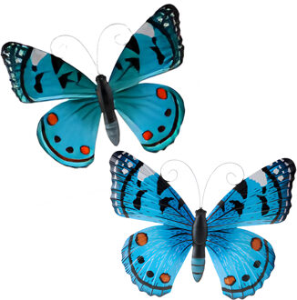 Wanddecoratie vlinders - 2x stuks - aqua en blauw - 34 x 28 cm - metaal - muurdecoratie tuin