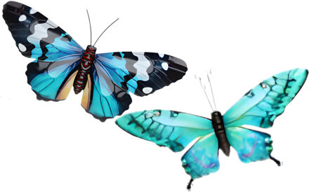 Wanddecoratie vlinders - 2x stuks - aqua en blauw - 49 x 34 cm - metaal - muurdecoratie tuin