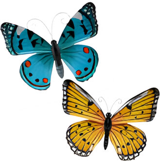 Wanddecoratie vlinders - 2x stuks - aqua en geel - 34 x 28 cm - metaal - muurdecoratie tuin