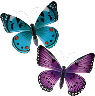 Wanddecoratie vlinders - 2x stuks - aqua en paars - 34 x 28 cm - metaal - muurdecoratie tuin