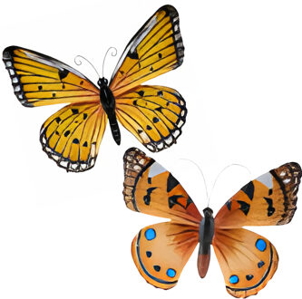 Wanddecoratie vlinders - 2x stuks - geel en oranje - 34 x 28 cm - metaal - muurdecoratie tuin