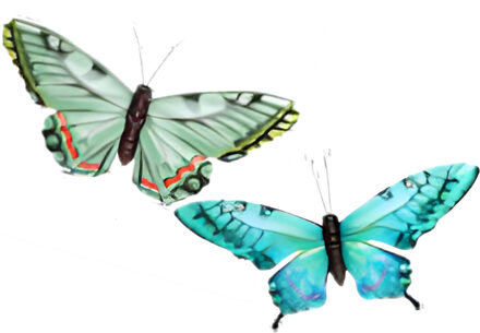 Wanddecoratie vlinders - 2x stuks - groen en aqua - 49 x 34 cm - metaal - muurdecoratie tuin