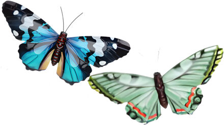 Wanddecoratie vlinders - 2x stuks - groen en blauw - 49 x 34 cm - metaal - muurdecoratie tuin