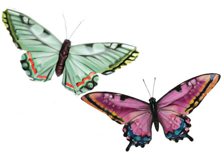 Wanddecoratie vlinders - 2x stuks - groen en roze - 49 x 34 cm - metaal - muurdecoratie tuin