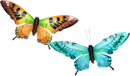 Wanddecoratie vlinders - 2x stuks - oranje en aqua - 49 x 34 cm - metaal - muurdecoratie tuin