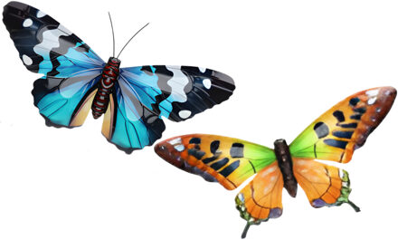 Wanddecoratie vlinders - 2x stuks - oranje en blauw - 49 x 34 cm - metaal - muurdecoratie tuin