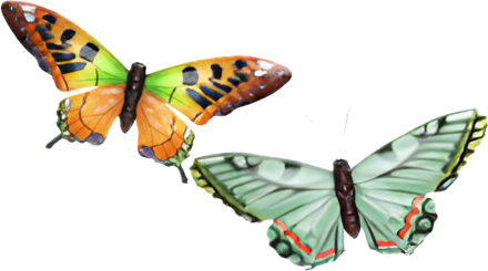 Wanddecoratie vlinders - 2x stuks - oranje en groen - 49 x 34 cm - metaal - muurdecoratie tuin