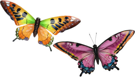 Wanddecoratie vlinders - 2x stuks - oranje en roze - 49 x 34 cm - metaal - muurdecoratie tuin