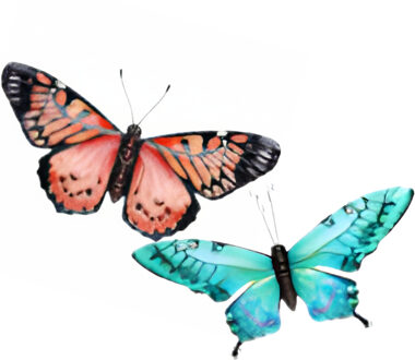 Wanddecoratie vlinders - 2x stuks - rood en aqua - 49 x 34 cm - metaal - muurdecoratie tuin