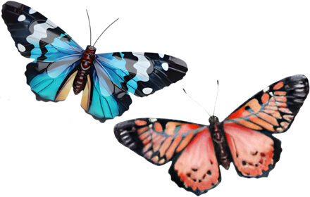 Wanddecoratie vlinders - 2x stuks - rood en blauw - 49 x 34 cm - metaal - muurdecoratie tuin