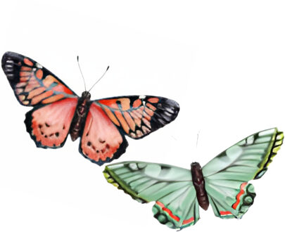 Wanddecoratie vlinders - 2x stuks - rood en groen - 49 x 34 cm - metaal - muurdecoratie tuin