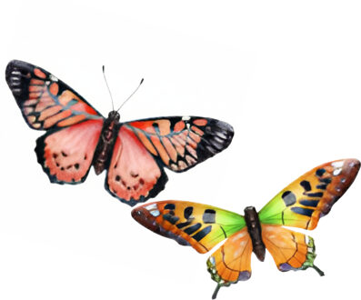 Wanddecoratie vlinders - 2x stuks - rood en oranje - 49 x 34 cm - metaal - muurdecoratie tuin