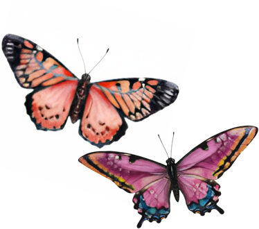 Wanddecoratie vlinders - 2x stuks - rood en roze - 49 x 34 cm - metaal - muurdecoratie tuin