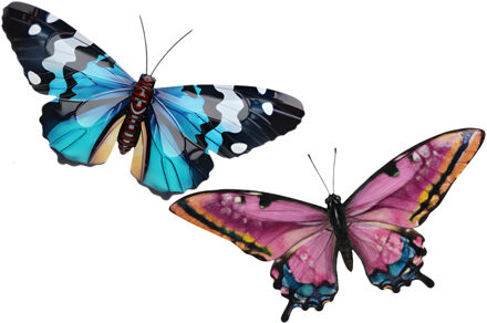 Wanddecoratie vlinders - 2x stuks - roze en blauw - 49 x 34 cm - metaal - muurdecoratie tuin