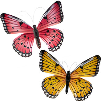 Wanddecoratie vlinders - 2x stuks - roze en geel - 34 x 28 cm - metaal - muurdecoratie tuin