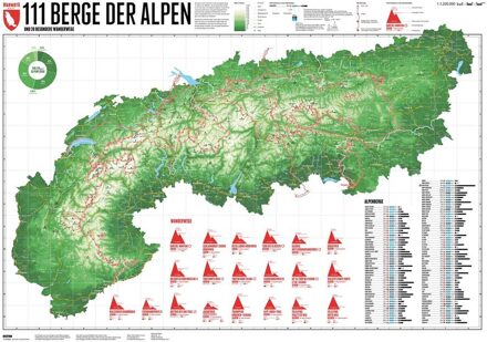 Wandkaart 111 Berge der Alpen | 59.4 x 84.1 cm | Marmota Maps