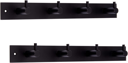 Wandkapstok - 2x - zwart - met 4 jashaken - hoogwaardig metaal - 4,3 x 32,2 cm - kapstokhaken