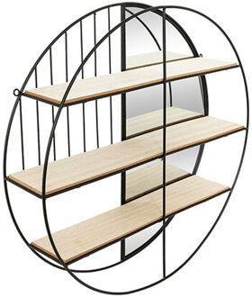 Wandkastje met spiegel - zwart - metaal - rond ontwerp - 3 plankjes -?58 x 39 cm