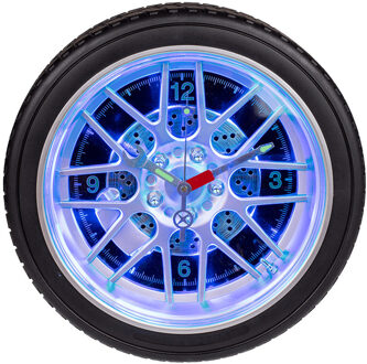 Wandklok autoband met LED licht - zwart - kunststof - Diameter 35 cm - garage/keuken/kamer