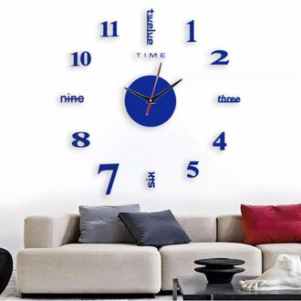Wandklok Frameloze Diy Muur Mute Klok 3D Spiegel Oppervlak Sticker Home Diy Acryl Klok Kantoor Decor Woonkamer 50x50cm blauw