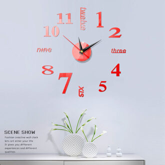 Wandklok Horloge Wandklokken Horloge 3d Diy Acryl Spiegel Stickers Home Decoratie Woonkamer Quartz Naald rood