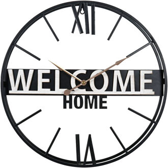 Wandklok/muur klok - D50 cm - welcome home - metaal - zwart - hal