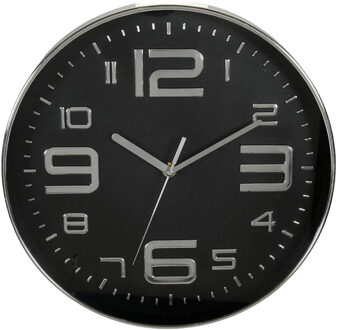 Wandklok/muur klok - grote cijfers - D30 cm - kunststof - zwart/zilver - keuken/kamer