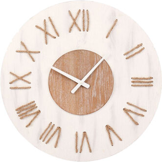 Wandklok/muur klok - Maritiem - D50 cm - MDF/touw - wit/bruin - woonkamer/strandhuis