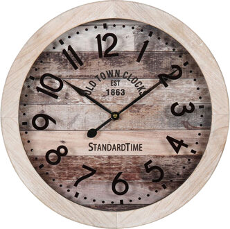 Wandklok/muur klok - old town clock - D45 cm - hout - naturel - keuken/kamer