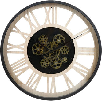Wandklok/muur klok - open uurwerk - D40 cm - metaal/hout - zwart/naturel