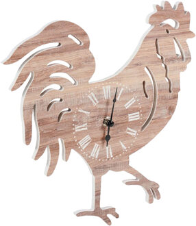 Wandklok/muur klok Rooper - kip/haan - D30 cm - MDF - naturel - woonkamer/keuken