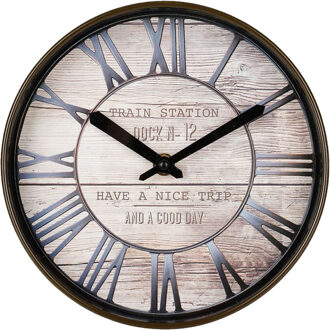 Wandklok/muur klok - Stationsklok - D20 cm - kunststof/houtlook - bruin